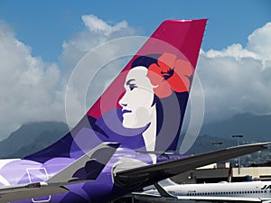 Tail of Hawaiian Airlines plane, Oahu, Hawaii