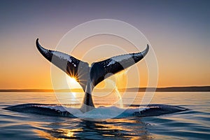 Tail of a humpback whale with flowing water in the ocean backlit by beautiful golden sunset light