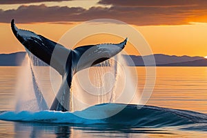 Tail of a humpback whale with flowing water in the ocean backlit by beautiful golden sunset light