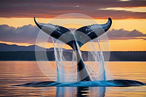 Tail of a humpback whale with flowing water in the ocean backlit by beautiful golden sunset light