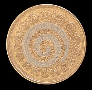 Tail of 20 kroner coin, issued by Denmark in 1991 depicting the national coat of arms photo