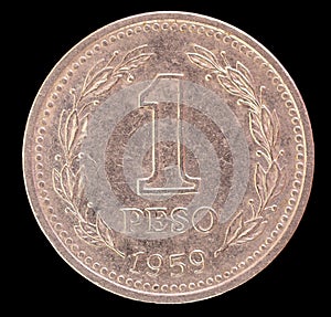 Tail of one peso coin, issued by Argentina in 1959