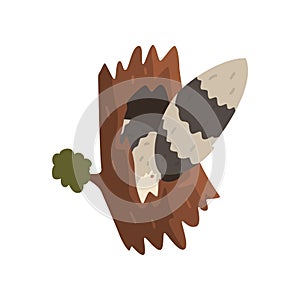 Tail of raccoon sticking out of hollow tree, hollowed out old tree and cute animal cartoon character inside vector