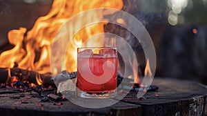 A tail shaker is aglow with flames as wood chips smolder inside infusing a vibrant red drink with the essence of a photo