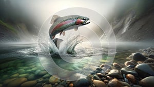 Tail Slap Sockeye Salmon Jumping Clear Water River Surface Green Water Rainbow Trout Snowing AI Generated