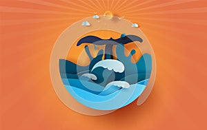 Tail whale on sea view sunlight sunset sky with circle concept, Summer time season, Ocean wave on blue sky.Graphic design Seaside