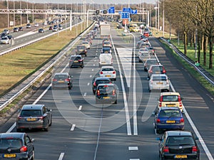 Tailback during peak hour on freeway, Netherlands