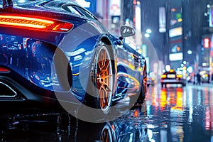 Taillight luxury blue modern sports car on street at night in the city with rain closeup