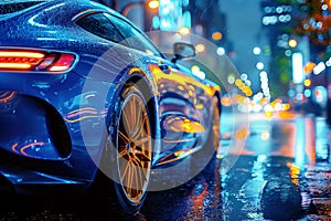 Taillight luxury blue sports car on street at night in city with rain closeup