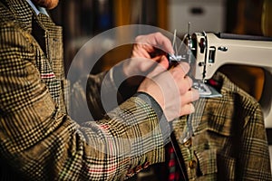 tailor altering a tweed jacket on a sewing machine