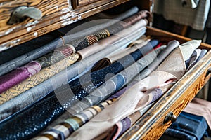 tailor arranging fabrics and interfacing in a drawer