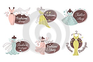Tailor boutique. Fashion logo with tailor accessories stylized illustrations recent vector tailor logo