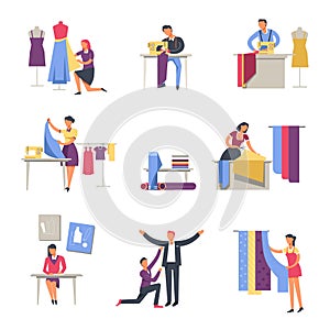 Tailor or dressmaker and fashion designer profession vector faceless people icons.