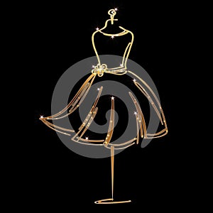 Tailor dummy fashion icon on black background. Atelier, designer, constructor, dressmaker object. Gold sparkling Couture symbol, s