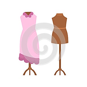 Tailor mannequin empty and with dress, cartoon vector illustration isolated.