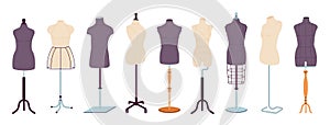 Tailor mannequins. Isolated unisex, female and male dummies. Equipment for fashion design and home needlework. Various