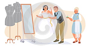 Tailor master taking measurement of bride for wedding dress
