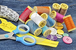 Tailor materials; Colorful sewing threads. Various threads