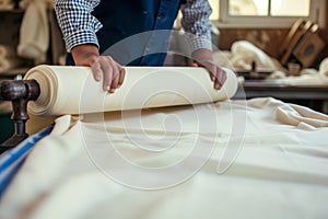 tailor rolling out a bolt of cotton fabric onto the table