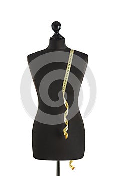 Tailor's mannequin with measuring tape on white background