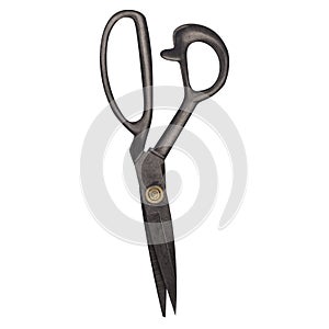 Tailor's scissors for cutting and sewing. Working tool for seamstress, dressmaker, designer. Watercolor illustration