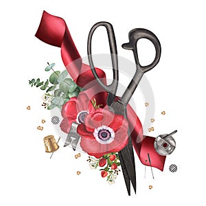 Tailor's scissors, red satin ribbon, bobbin case, presser foot, needles, pins, thimble with anemones and greens