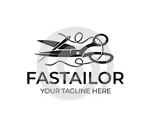 Tailor, scissors and needle with a thread, logo design. Sewing, needlework, clothing and sphere of services, vector design