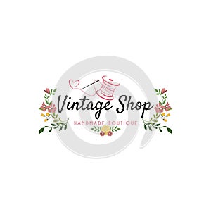 Tailor Sewing Vintage, Needle, Yarn, Fashion, Floral, Lettering, Typography, Retro Logo