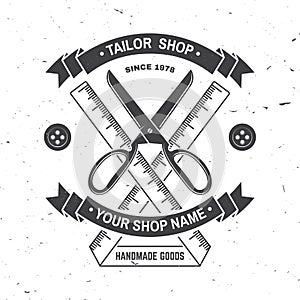 Tailor shop badge. Vector. Concept for shirt, print, stamp label or tee. Vintage typography design with measure meter