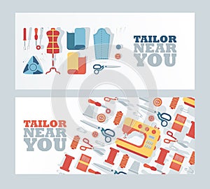 Tailor shop banner, vector illustration. Atelier dressmaking service, fashion design studio, professional clothing