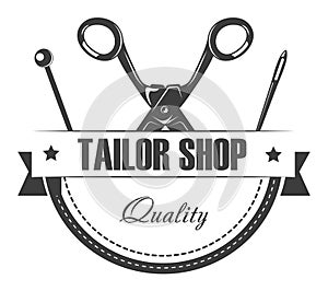 Tailor shop of high quality emblem with equipment to sew