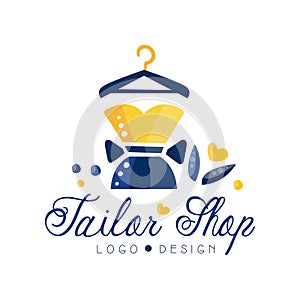 Tailor shop logo, dressmakers salon, sewing studio, fashion designer emblem, dress boutique, store vector Illustration photo