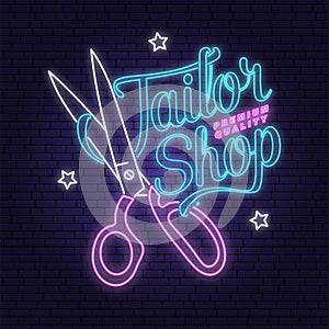 Tailor shop neon design or emblem. Vector. Typography design with scissors silhouette for sewing shop business. Retro