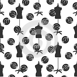 Tailor shop seamless pattern with dummy and buttons