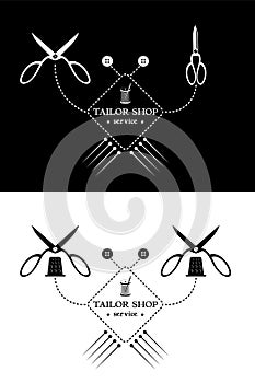 Tailor shop service. Logo in the form of a sea crab made from sewing supplies. Vector