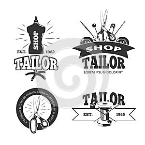 Tailor shop vector labels, badges, logos, emblems