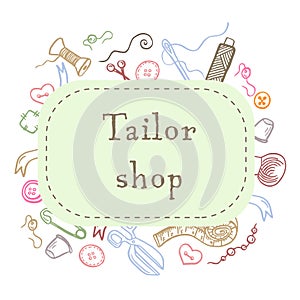 Tailor shop vintage logo emblem in lettering style withmeasure tape, sewing reel, needles and pins. Sewing atelier icon