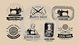 Tailor shop, yarn logo or label. Tailoring concept. Vector illustration