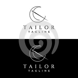 Tailor silhouette logo with needle, thread, benik and sewing machine markings. Logo design for tailors, fashion, boutiques and