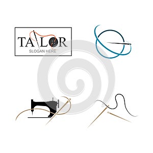 Tailor silhouette logo with needle, thread, benik and sewing machine markings. Logo design for tailors, fashion, boutiques and