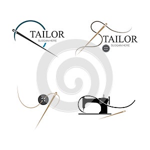 Tailor silhouette logo with needle, thread, benik and sewing machine markings. Logo design for tailors, fashion, boutiques and