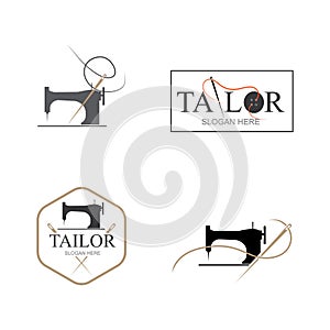 Tailor silhouette logo with needle, thread, benik and sewing machine markings. Logo design for tailors, fashion, boutiques and