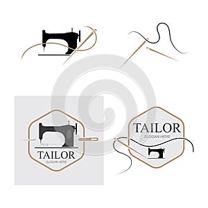 Tailor silhouette logo with needle, thread, benik and sewing machine markings. Logo design for tailors, fashion, boutiques and