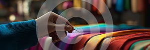 Tailor threading a needle, fabrics of various colors blurred in the background.