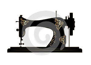 Tailor vector logo. Sewing machine logo template. Fashion logo. Old Vintage Sewing machine with retro floral golden decorations