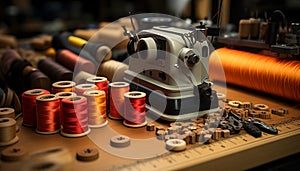 Tailor workshop sewing machine, spools, thread, creativity, craftsmanship generated by AI
