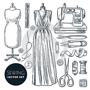 Tailored evening dress for women. Sewing tailor tools vector hand drawn sketch illustration. Business of making clothes