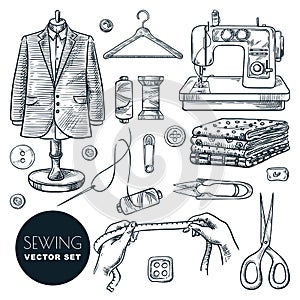 Tailored fashionable mens suit. Sewing tailor tools vector hand drawn sketch illustration. Business of making clothes