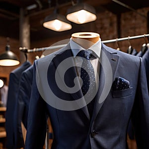 Tailored men\'s suits modeled on mannequin in tailor shop atelier