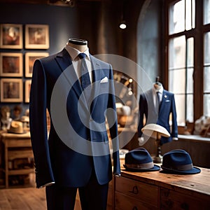 Tailored men\'s suits modeled on mannequin in tailor shop atelier